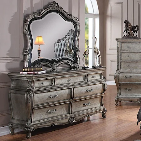 7 Drawer Dresser with Granite Top and Mirror